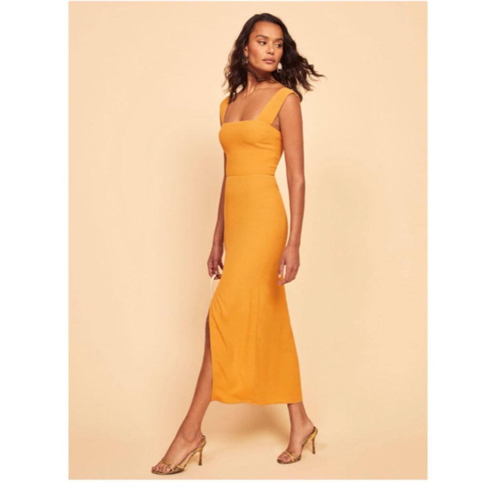 Reformation Graciella Square Neck Split-Front Crepe Dress in Sunflower